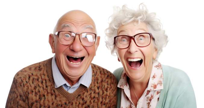 Joyful elderly couple laughing together, cut out