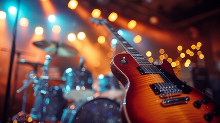 Rock 'n' Roll Revival: Guitar fretboards, drumsticks, and stage lights in a dynamic rock concert setting