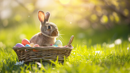 Easter bunnies in a basket and Easter eggs on the spring grass, the rays of the sun in the background
