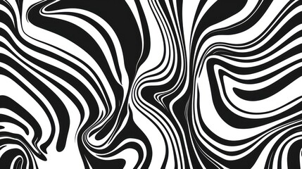 A black and white 2D contour showcases waves, swirls, and twisted patterns in a trendy retro psychedelic style, producing a twisted and distorted flat texture. This simple monochrome image represents 