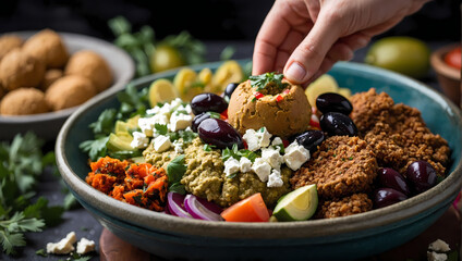 Mediterranean Hummus Bowl with Falafel, Olives, and Feta, Hands Plating a Colorful Dish.