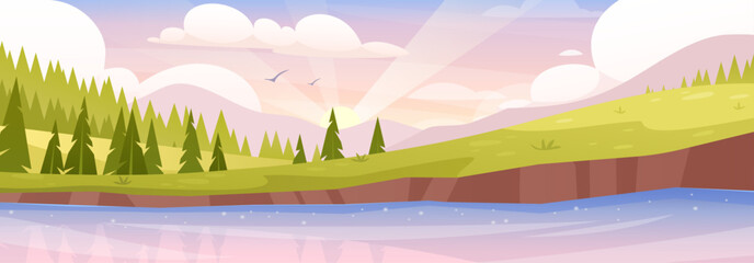 Mountain lake landscape. Vector horizontal illustration of spring summer nature with field, lake, river, forest, pine trees, grasslands. Green hills and valley panorama. Tourist direction. Spring time