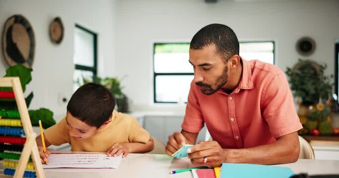 Son, father and education with learning by writing, brain development and sticky notes for visual aid in memory. Kid, parent or homework with study method for active recall or abacus for creativity