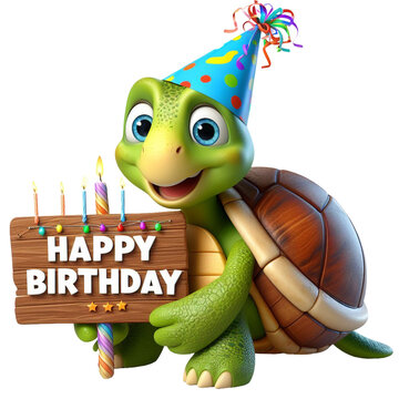 Cute Animal 3D Turtle Holding 'Happy Birthday' Board and Wearing Party Cap Cartoon: Isolated on Transparent Background - Clipart PNG Sticker Design	
