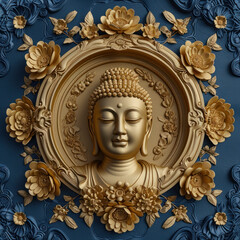 a gold buddha with flowers surrounded by a blue background