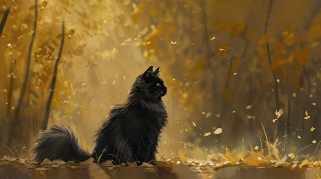  a painting of a black cat sitting in the middle of a forest with yellow leaves on the ground and trees with yellow leaves on the ground and yellow leaves on the ground.