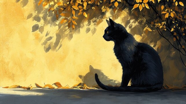 a painting of a black cat sitting in front of a tree with yellow leaves on it's branches and a yellow wall behind it, with yellow leaves on the ground.