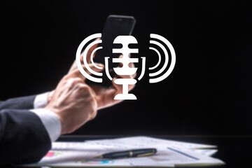 Voice recording concept. Man touching smart phone.