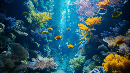 Naklejka na ściany i meble Sunlit Sanctuary: A Vivid Underwater Dance of Coral and Light