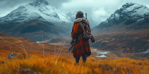 an old celtic bagpipe player with a impressive background of a beautiful sunset scenery of scottish highlands - obrazy, fototapety, plakaty