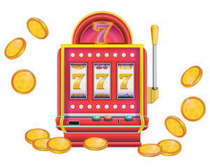 Slot machine in realistic style with coins. Lucky sevens 777. Casino Las Vegas jackpot. Colorful vector illustration isolated on white background.