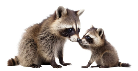 Fototapeta premium Raccoon plays with its cute baby raccoon, cut out