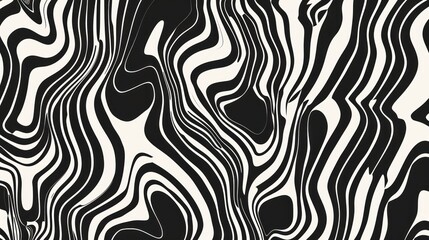 Fototapeta premium A black and white 2D contour showcases waves, swirls, and twisted patterns in a trendy retro psychedelic style, producing a twisted and distorted flat texture. This simple monochrome image represents 