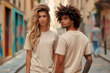 Man and woman wearing blank white and beige t-shirt