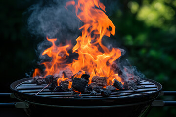 Charcoal Barbecue Grill with Lively Flames and Smoke