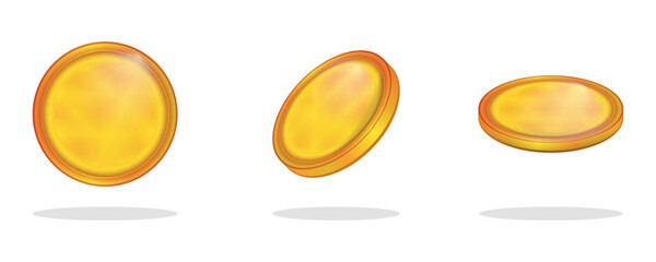 Gold Coins Icons Set. Coin Render in Different Shape. Rotating Golden Money Sign. Business Success. Colorful vector illustration isolated on white background.