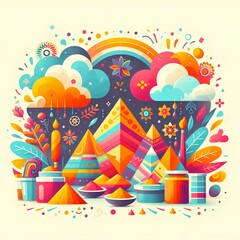 Colorful vector illustration with abstract shapes, pyramids, clouds and other elements. Holi Color Festival poster.