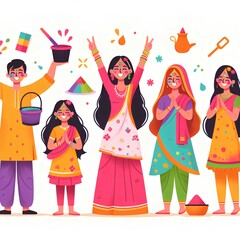 Indian family celebrating Holi festival vector illustration. Cartoon Indian people celebrating Holi.