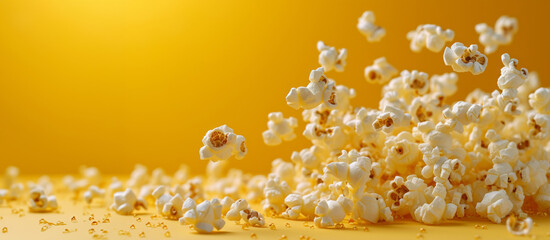 Exploding Popcorn Motion on Yellow Background, a Burst of Snack Time Fun