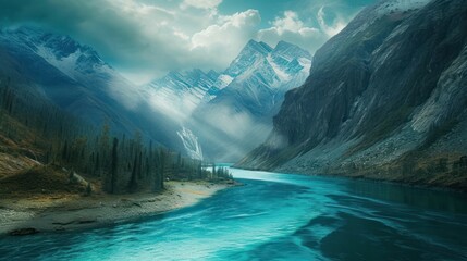  a river running through a valley with mountains in the background and clouds in the sky over the top of the mountains and below it is a body of water with blue water in the foreground. - obrazy, fototapety, plakaty