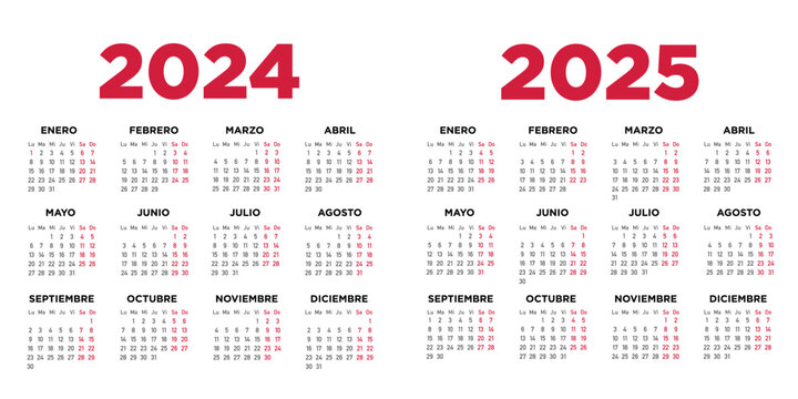 Calendario 2024 2025 en español. Semana comienza el lunes. Sábados y domingos en rojo. Ilustración	
