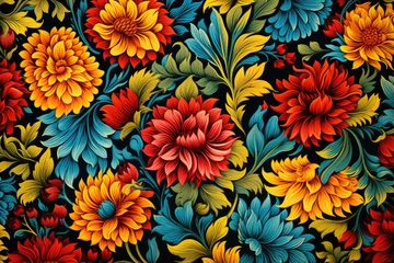 Foto op Canvas colorful floral pattern with vibrant red, yellow, and blue flowers, surrounded by green leaves © Formoney