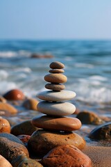 Fototapeta na wymiar Zen-like stones stacked in perfect balance along a tranquil beach