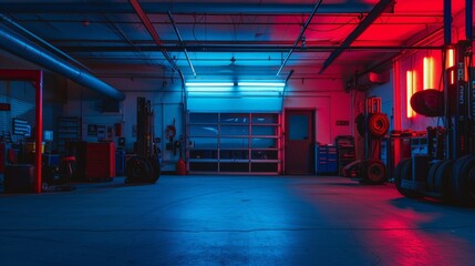 Empty garage auto shop, red and blue color grade