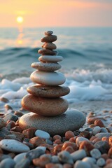 Zen-like stones stacked in perfect balance along a tranquil beach