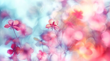  a blurry photo of pink flowers on a blue, pink, and red background with boke of light coming from the top of the flowers and bottom of the flowers.