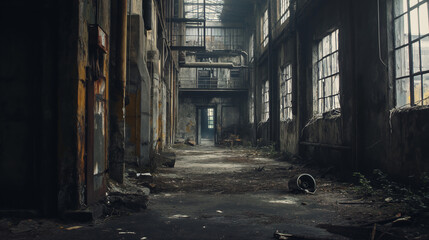 Forgotten Industrial Era: Mysterious Corridor in a Derelict Factory with Rusty Machinery and Faded Walls