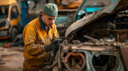 Young junk yard worker at work at a scrapyard