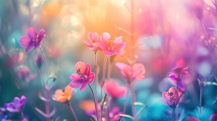  a close up of a bunch of flowers with the sun shining through the leaves and flowers in the middle of the picture and the flowers in the foreground are pink and blue and yellow.