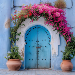 Traditional Blue Door with Flower Arch in a Picturesque Alley