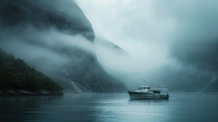  a boat floating on top of a body of water next to a mountain covered in fog and low lying clouds in front of a body of water with a mountain in the distance.