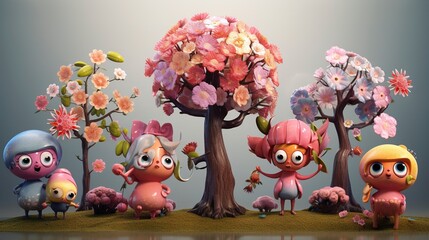 3D Characters among Blossoming Spring Fruit