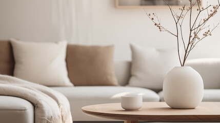 Nordic interior design of living room, minimalistic and bright design in brown pastel tones