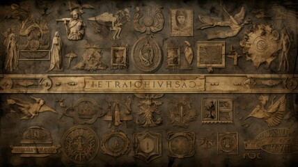 Background with old ancient roman signs created with Generative AI - obrazy, fototapety, plakaty