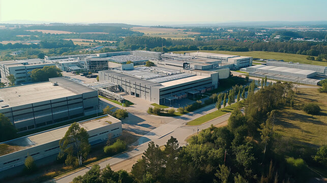 Modern Industrial Estate from Above: Eco-Industrial Park Surrounded by Nature, Highlighting Sustainable Development and Green Business Practices