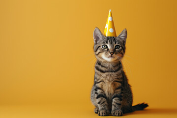 a kitten wearing a birthday card hat sitting on a yellow background