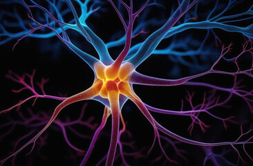 Neural network - images of neural cells. Synapse on dark background. View of interconnected neuron cells with electrical impulses. Structure of nerve cell. Neurons, neurosurgery, psychology, medicine