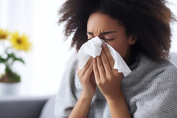 sick woman struggling with runny nose due to flu or allergies