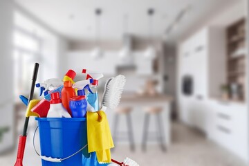 Brushes, cleaning liquids, bottles, sponges and gloves for Cleaning service