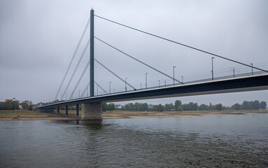 Cable-stayed bridge over the Rhine river in Dusseldorf