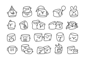 Kawaii marshmallow cute face character. Coloring Page. Cartoon happy food. Hand drawn style. Vector drawing. Collection of design elements.