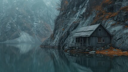  a small house sitting on the edge of a body of water next to a rocky cliff with a body of water in the foreground and snow covered mountains in the background.