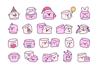 Kawaii marshmallow cute face character. Cartoon happy food. Hand drawn style. Vector drawing. Collection of design elements.