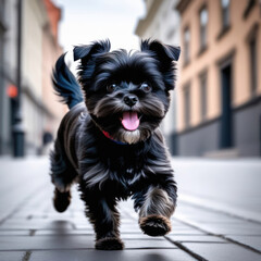 Little affenpinscher walks on the city streets with a beaming face. Purebred dog while running. Close up portrait of a dog.