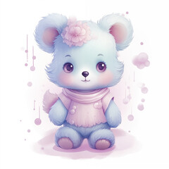 Illustration of charming blue cartoon bear cub with pink flower, pastel colors, children...