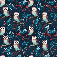 Fotobehang Owls, branches, fruits, leaves, watercolor, dark blue, seamless fabric pattern. Handicrafts, art, culture, wallpaper tree cute nature , white background © Nawn